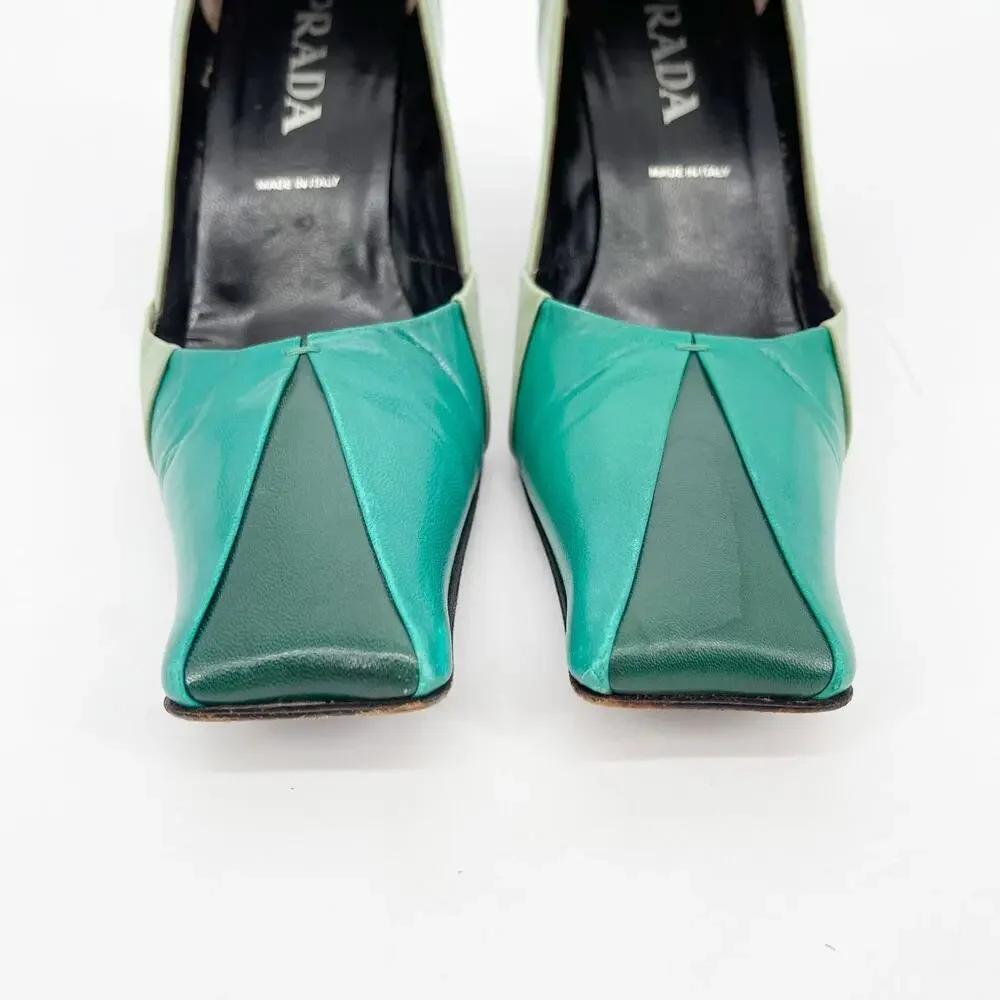 Vintage Prada Green Tricolor Colorblock Leather Square Toe Mid Heel Pumps 38.5 - Picture 6 of 11